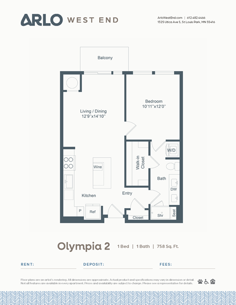 Floor plan for 1 bed, 1 bath, 758 sqft
